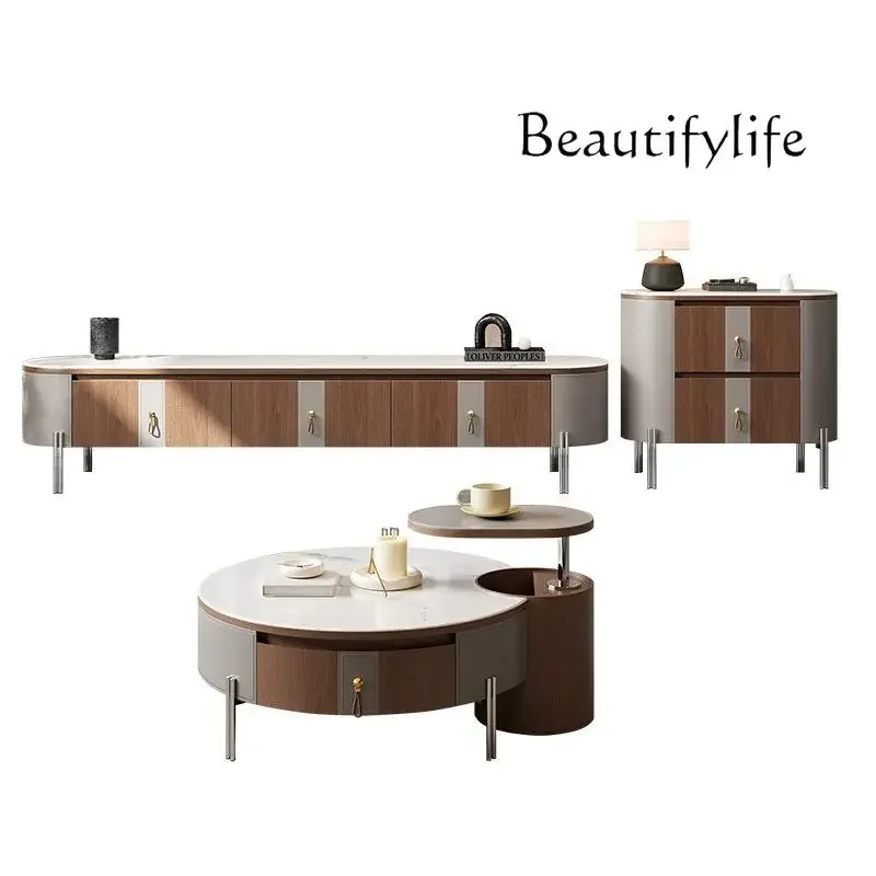 N40 Saddle leather modern light luxury solid wood microcrystalline stone coffee table TV cabinet bag living room integrated cabi