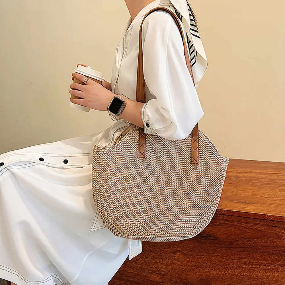 Summer Straw Women Half-moon Beach Handbag Rattan Handmade Handle Fashion Kintted Tote Bag image 2