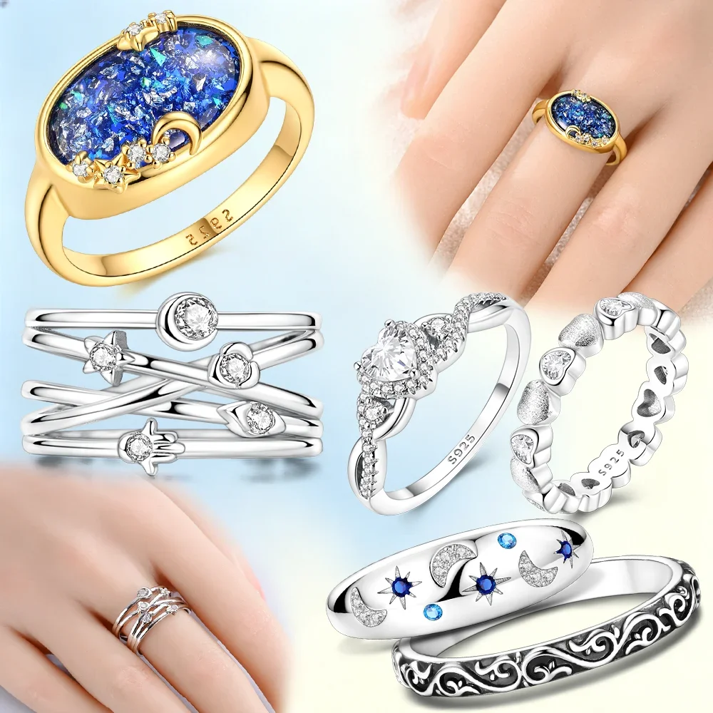 Star Sky Blue Gem Ring Original Silver Multi Layer Heart Ring Women Fine Jewelry Valentine Party Daily Fashion Decor Gift