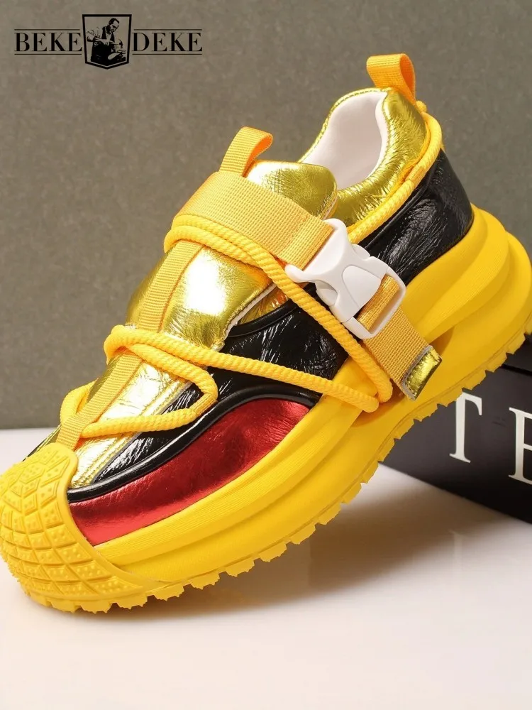 

Hip Hop Mens Genuine Leather Sneakers Mixed Colors Casual Platform Shoes Buckle Personality High Street Fashion Skateboard Shoes