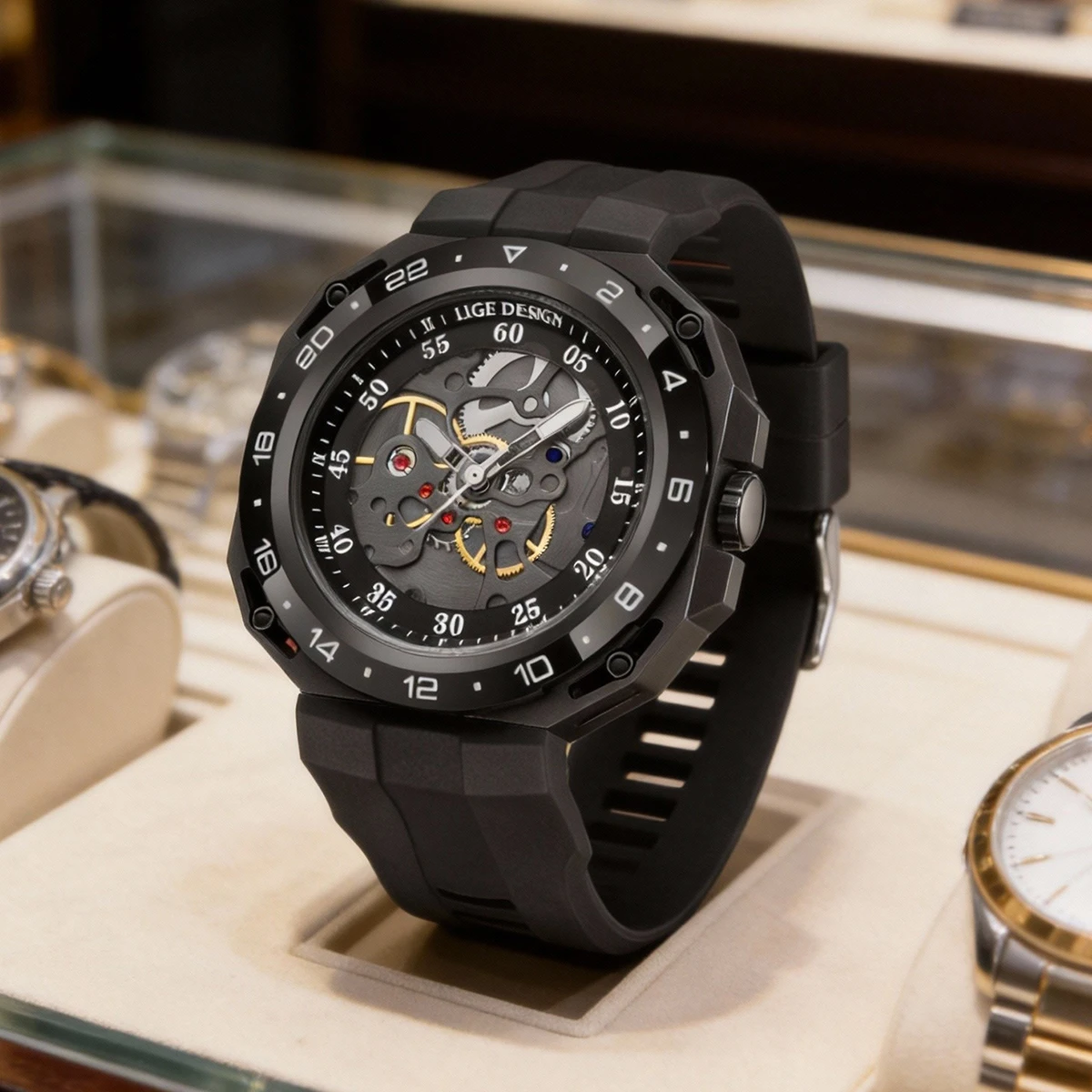 

Мужские часы LIGE класса люкс с изогнутым зеркальным стеклом, полым циферблатом, спортивные, водонепроницаемые, с силиконовым ремешком, кварцевые, reloj hombre