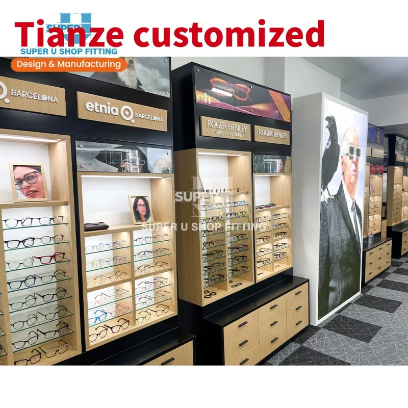 (Customized) custom wooden sunglasses shop display showcase Glass eyewear store fixtures lockable optical store display furnitur