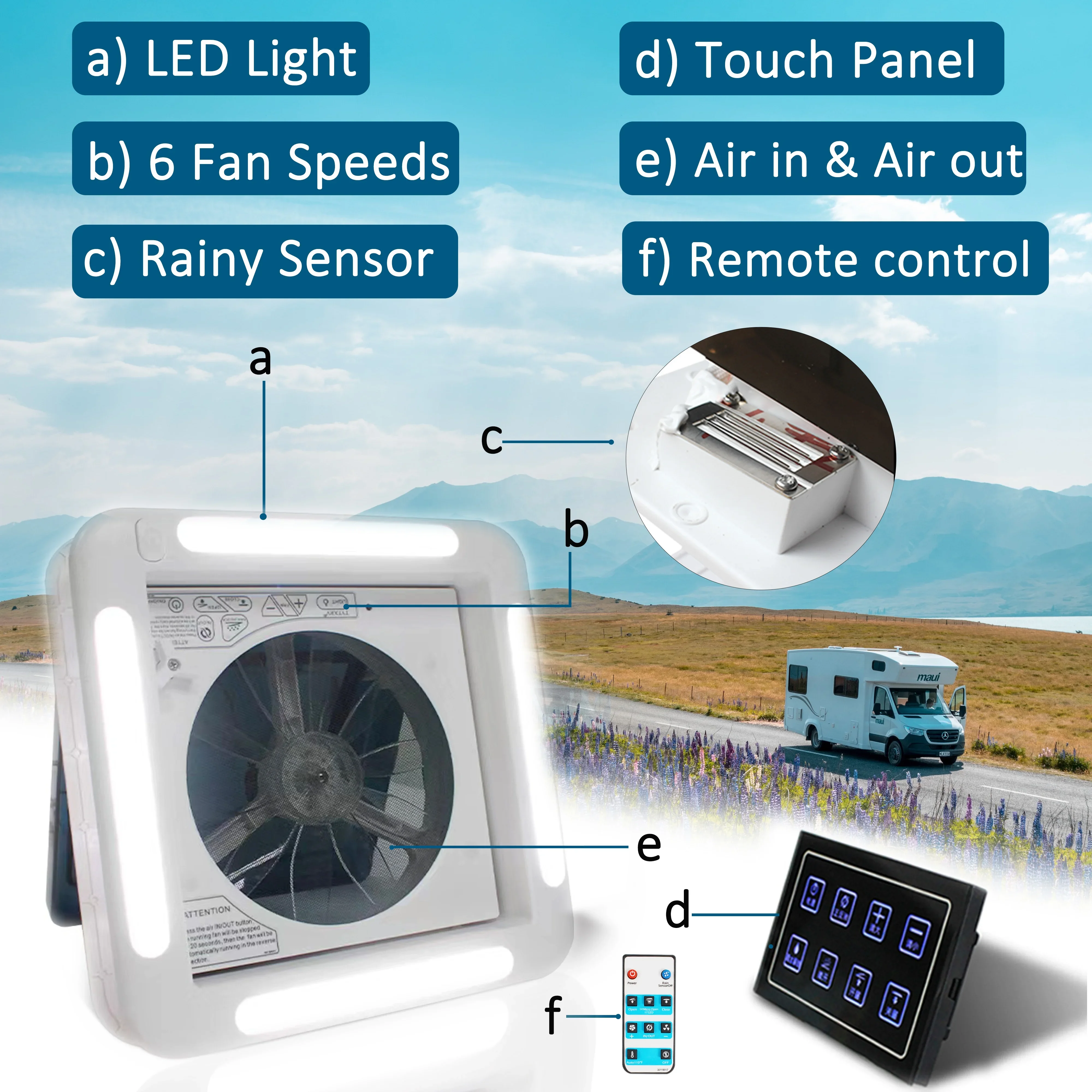 TYTXRV High Quality RV Caravan 12V 16 inch Roof Vent Fan with LED light & Rainy sensor RV Roof Vent Electric Ventilation Fan