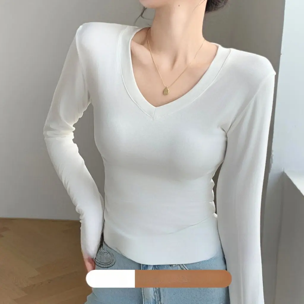 

H255 White Long Sleeve T-Shirt V-Neck Shoulder Love Collar Base Shirt Inner Outer Wearing Design Sense Top for Autumn