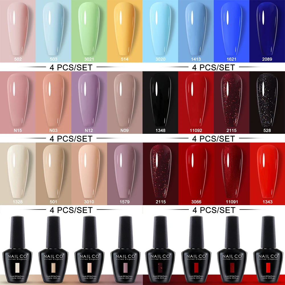 NAILCO Gel-Nagellack-Set, semipermanenter Nagellack, 4 Stück/Lot, Hybrid-Lacke, Top-Basis, Mantel, Nägel, Kunst-Set, Soak Off UV-Lampen-Serie