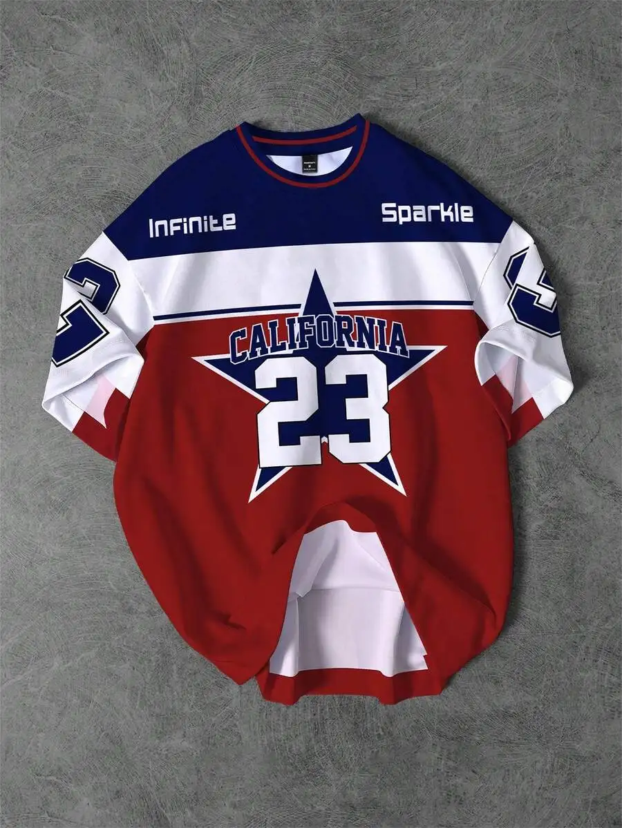 

Men's Round Neck Graphic Tee with Star Motif and Color Block Design