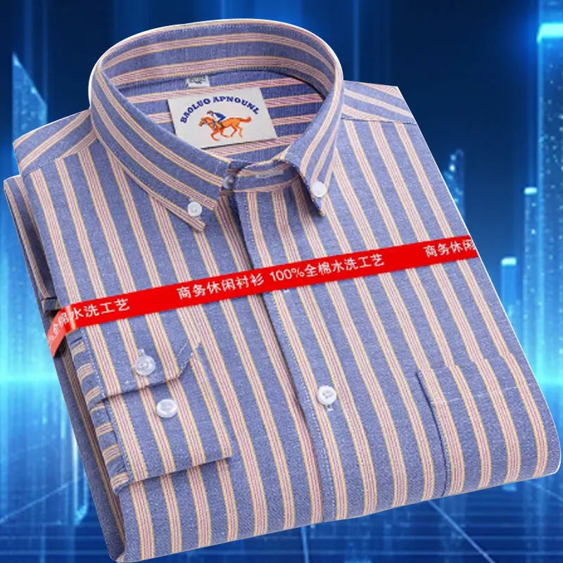 7XL 8XL 100% cotton Oxford woven men\'s shirt Long sleeve summer non-ironing wrinkle-resistant plaid striped embroidery casual