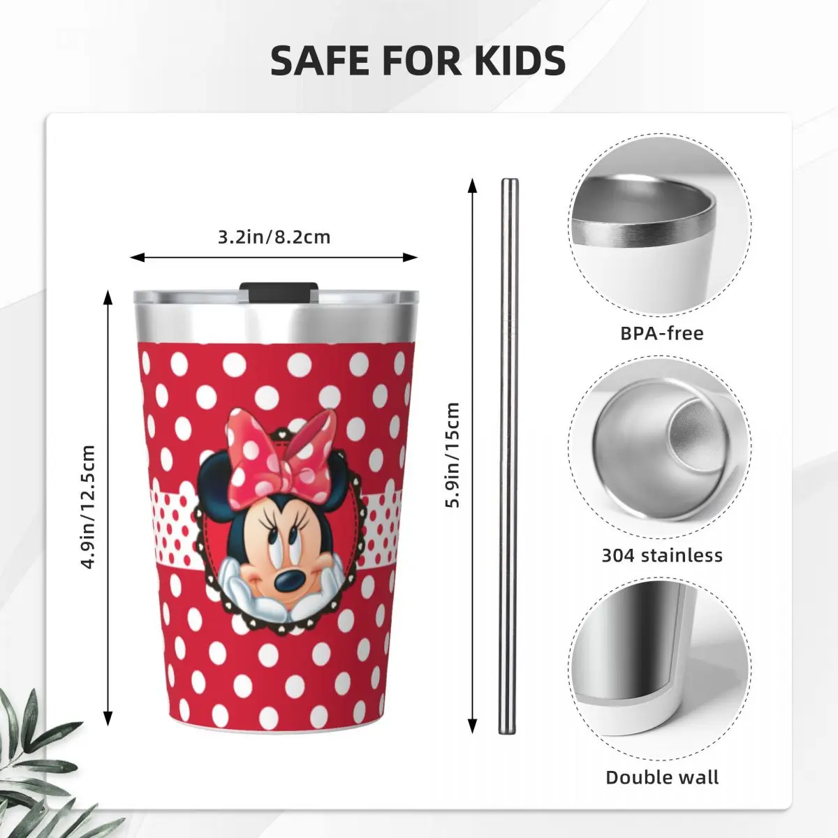 Cute Minnie Mouse Girl\'s Tumbler 12oz for Kids Stainless Steel Double Wall Vacuum Insulated Tumblers Mug With Straw for Cold Hot