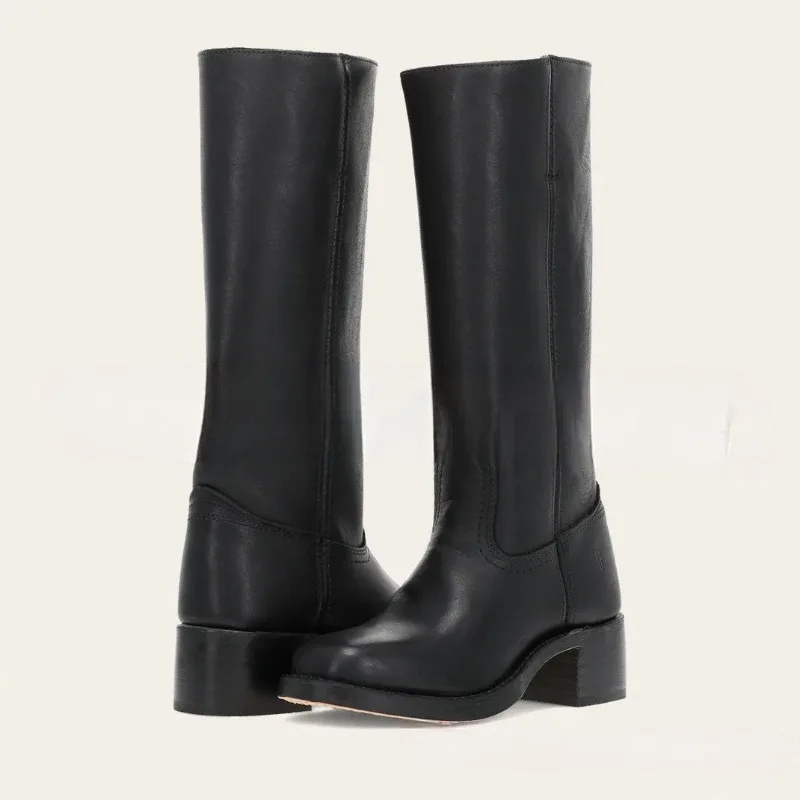 40-46 Large Size Retro Women's Shoes Square Heel Square Head Fashion Knee-High Boots Women Fashion Wide Tube Solid Cowboy Boots