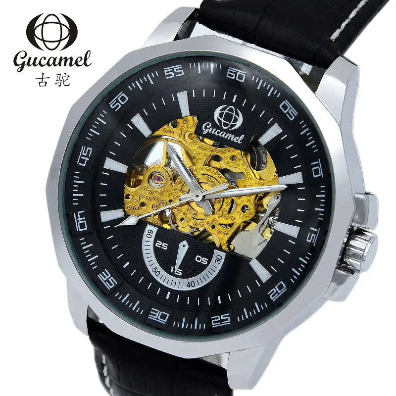 

Men's Automatic Skeleton Watch with Gold-Toned Movement, Visible Mechanical Design