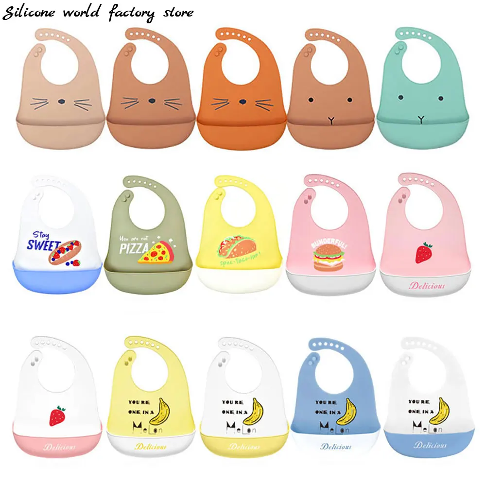 Silicone world Waterproof Soft Silicone Bibs Baby Kids Stuff Cute Cartoon Printed Kids Bib Adjustable Bib Baby Feeding Stuff