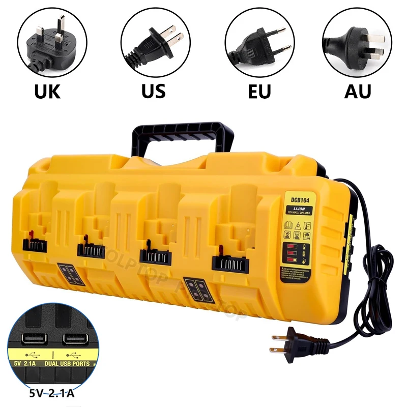 

NEW 4-Ports 3A Current Rapid Charger Replacement for Dewalt 12-20V Max Lithium Battery DCB104 DCB120 DCB127 DCB200 With USB port