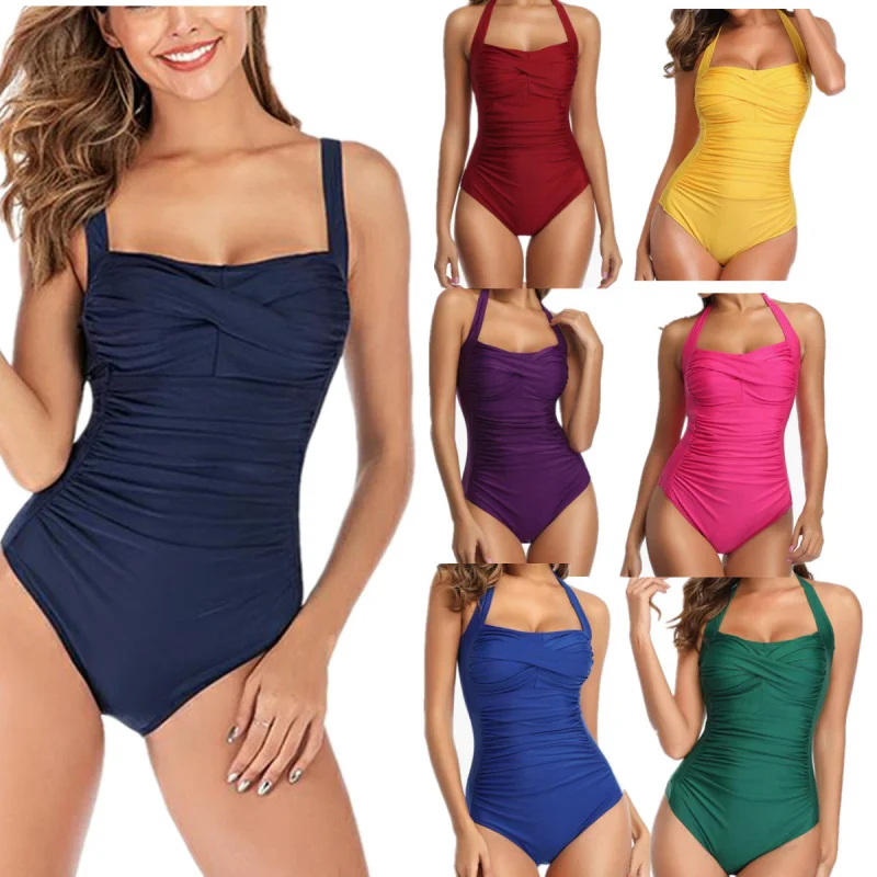 Solid Color Pleated One-Piece Swimsuit  Fashionable Sexy Figure Flattering Bikini  Swimwear Wholesale