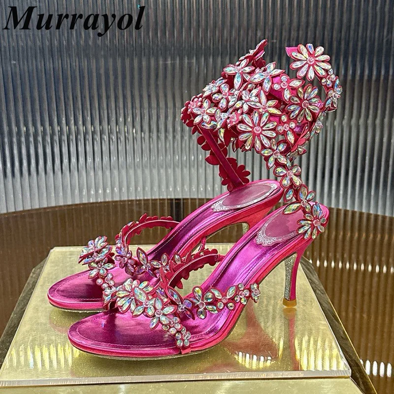 Sandalias Mujer Thin High Heels Women Flower Rhinestone Snake Shaped Elastic Strap Sandals Summer Party Fairy Shoes Stiletto