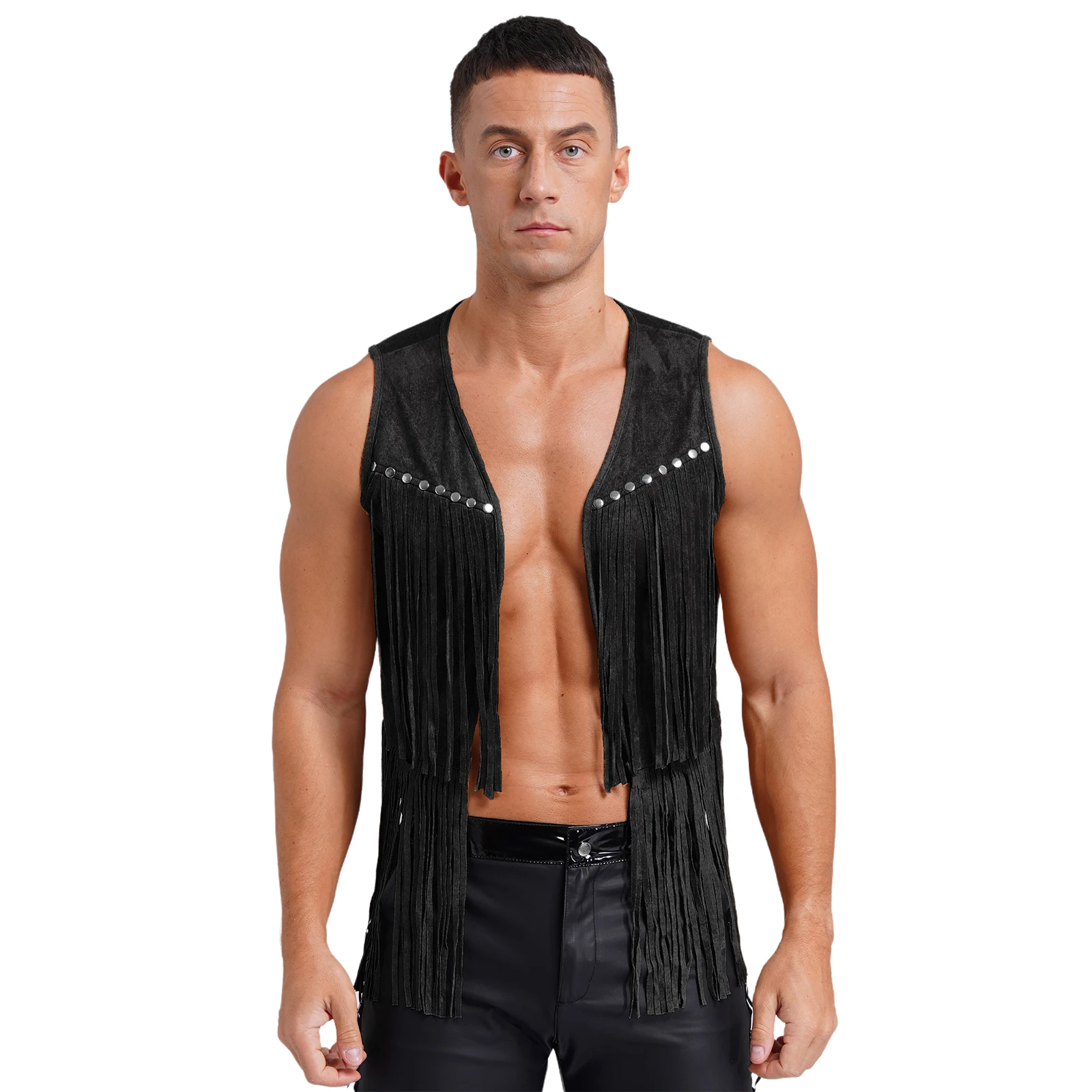 

Mens Vintage Faux Suede Tassel Vest Rivets Fringe Waistcoat Open Front Sleeveless Jacket Fashion Summer Western Cowboy Cardigan