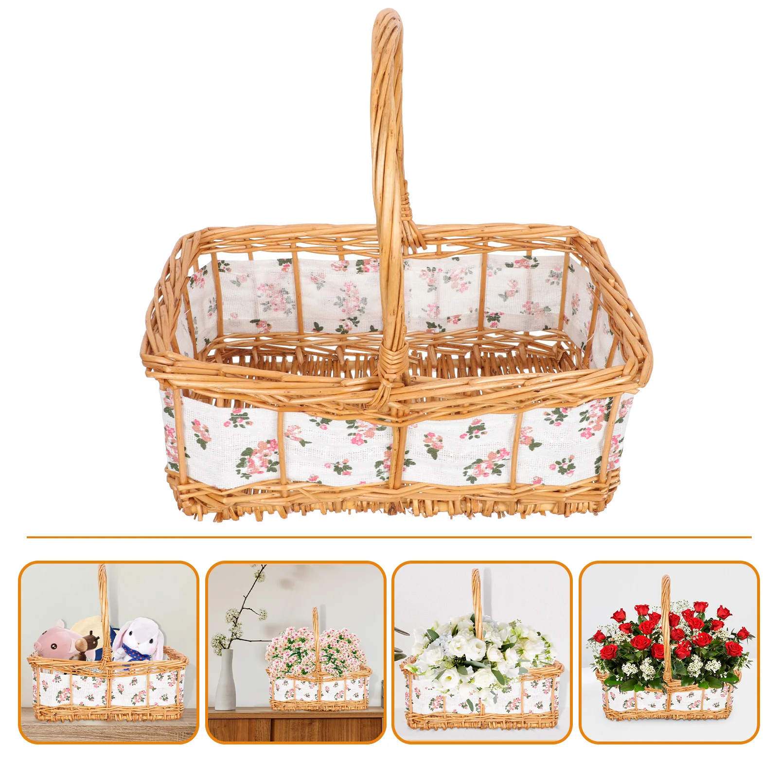 枝編み細工品の花のバスケットの装飾、手作りの実用的な収納、ハンドヘルド布ハンドル、空の装飾の子供の贈り物