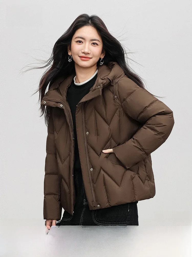 

Warm Casual Women's Duffel Coat Stripe Brown Short Quilted Jacket City Leisure Long Sleeve Zipper Closure Lady's Outerwear