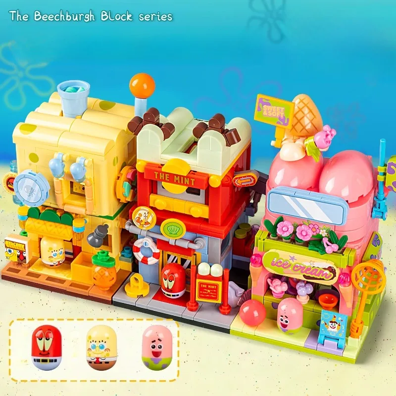 SpongeBob SquarePants Building Blocks City Streetview บ้านแฮมเบอร์เกอร์ Art Gallery Ice Cream Shop อิฐเด็ก DIY ของเล่นของขวัญ