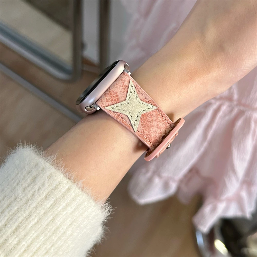 Cute Star Leather Band For Apple Watch 8 7 6 5 4 3 SE Candy Color Strap Design Bracelet For iWatch 49mm 45mm 44mm 42mm 41mm 40mm