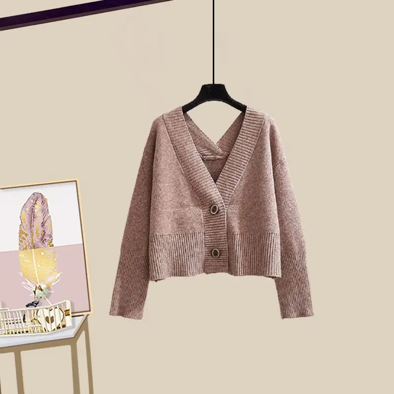 Autumn and Winter Set Women's Korean Edition New Western Style Knitted Cardigan Sweater Slim Slim Hanging Dress Two Piece Set