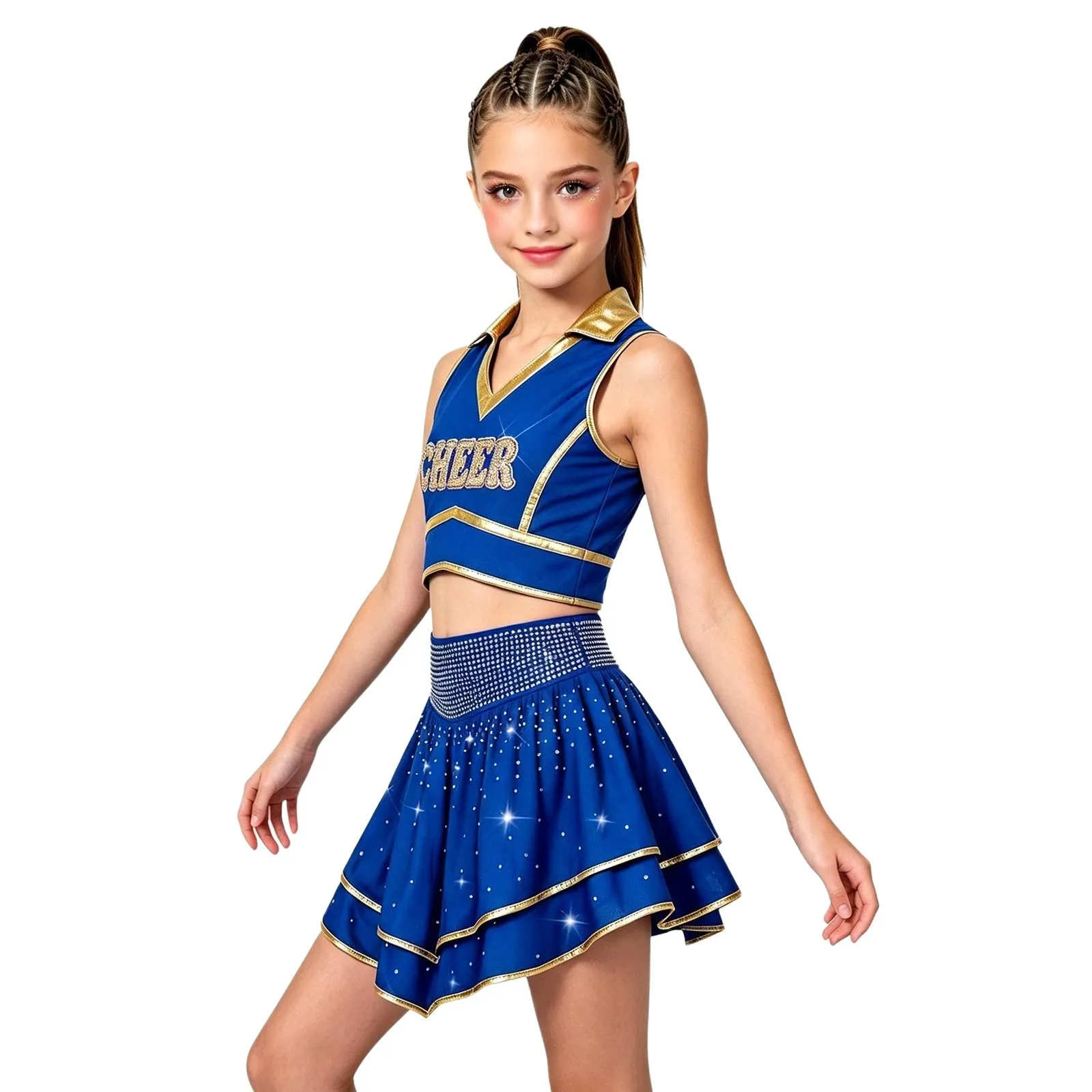 Cheerleader-Kostüm für Mädchen mit Metallic-Besatz, Strass-Cheerleading-Uniform, ärmelloses Crop-Top mit V-Ausschnitt und Rüschenrock – Detail 7