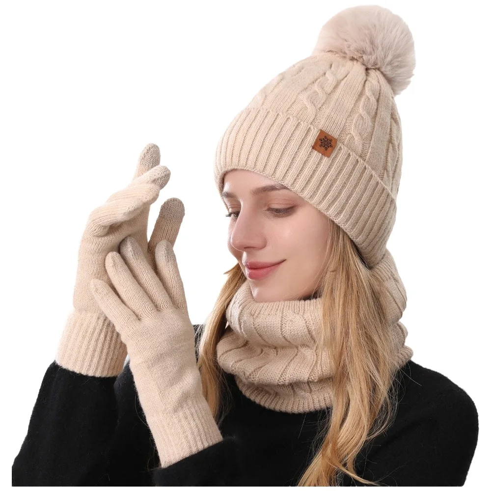 3Pcs/Set Warm Winter Hat Scarf Gloves Set Lining Windproof Knit Beanie Snood Set Elastic Soft Touchscreen Gloves for Men Women