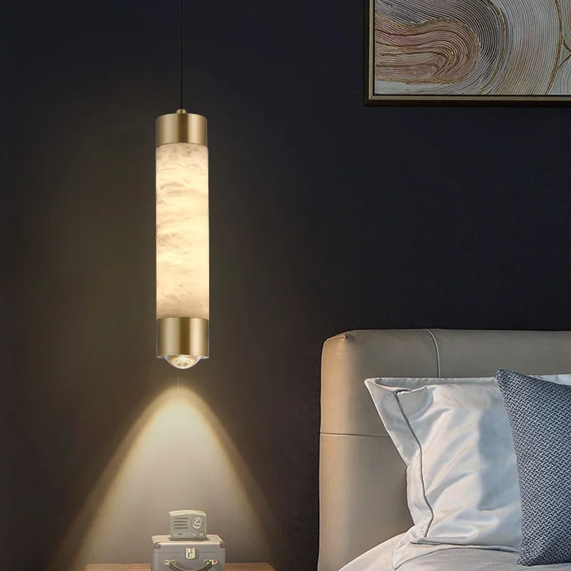 

Modern minimalist bedroom bedside full copper Spanish travertine small pendant light elegant single-head pendant light