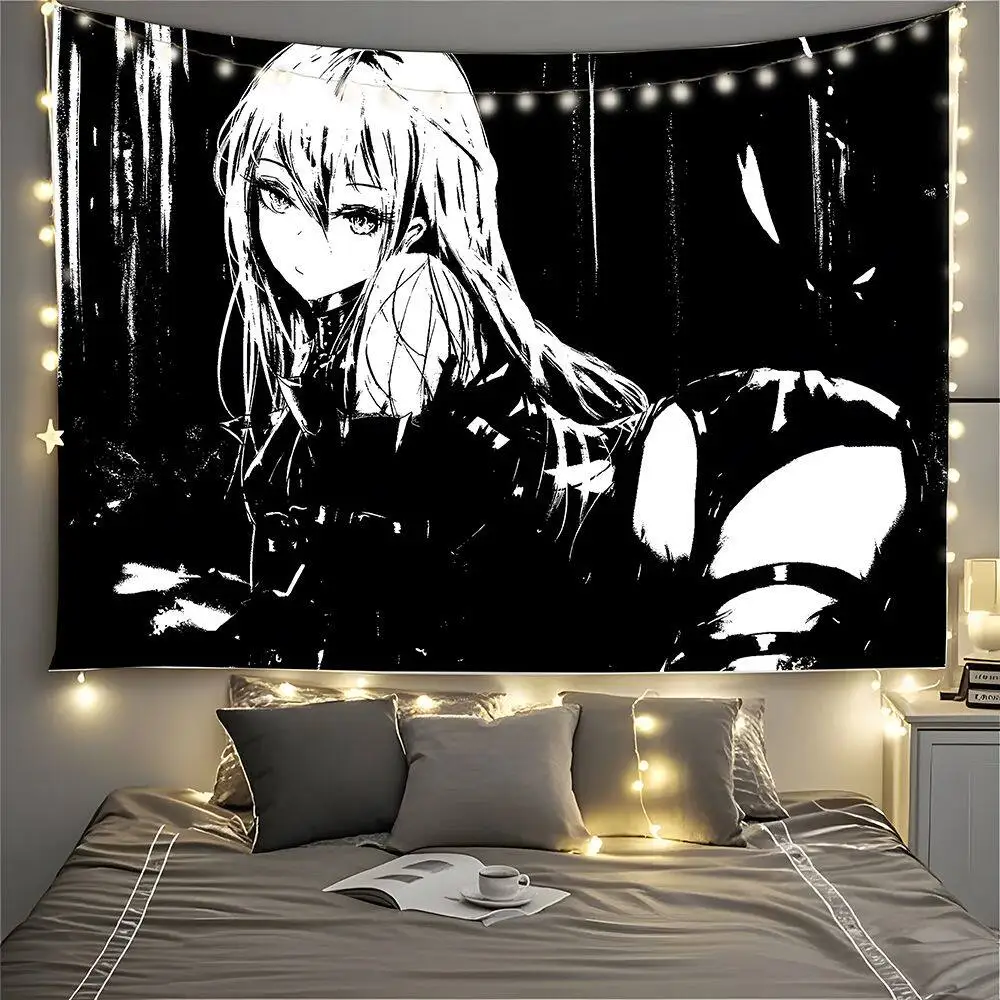 Black White Sketch Anime Girl Tapestry, Dark Grunge Aesthetic Line Art Wall Hanging, Minimalist Manga Lady Print Wall Banner for