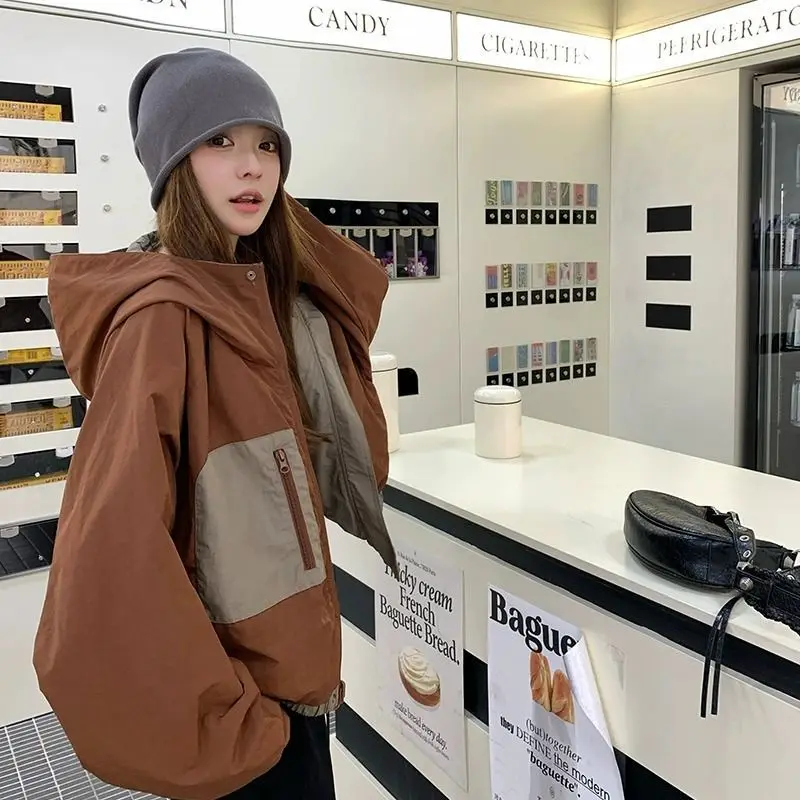 

Trends Spring Autumn Zipper Sweatshirt Women Bomber Jacket Design Reversible Wear Cargo Coat Hooded Long-sleeved Top All-match