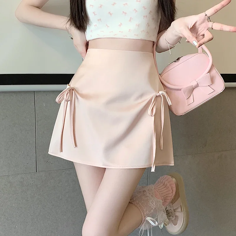 

Pink Bow Bandage Mini Skirts for Women Spring Summer Solid Color High Waist A-line Skirts Korean Sweet Office Lady Slim Skirts