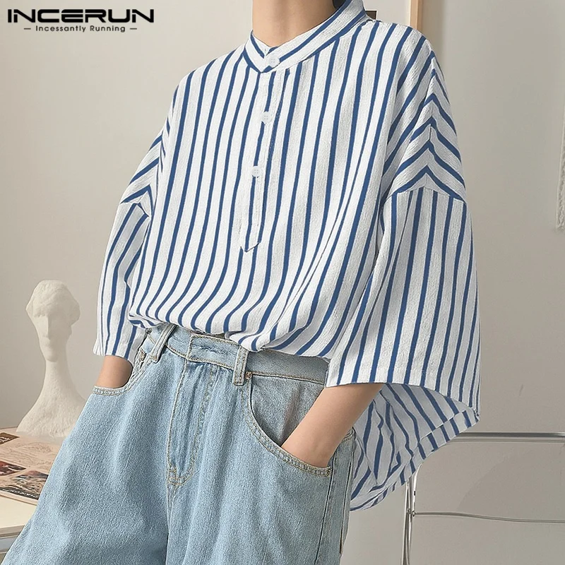 

INCERUN Men Striped Shirt Stand Collar Half Sleeve Casual Men Clothing Loose Streetwear Korean Style 2025 Fashion Male Shirts