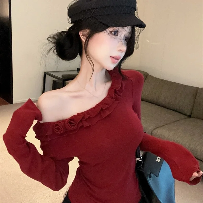 Unique Soft Wine Red 3D Flower Wooden  White Enhancing Long Sleeve T-Shirt Base Shirt Women's Fashion Autumn New Arrival