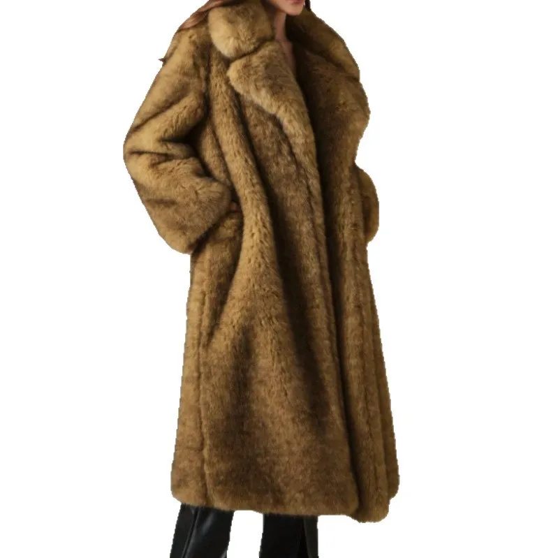 Luxury Winter Women's Long Faux Fur Coat Fluffy Gradient Fox Fur Jacket For Female Furry Lapel Collar Lady's Mink Fur Overcoat
