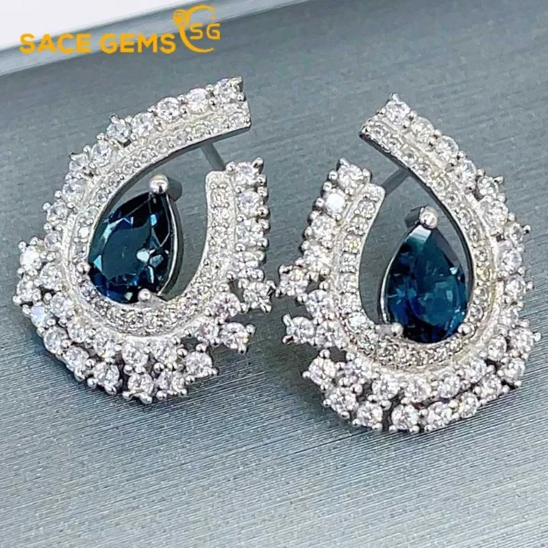 

SACEGEMS Fashion Earrings for Women 925 Sterling Silver 5*7MM Natual London Blue Topaz Stud Earrings Wedding Party Fine Jewelry