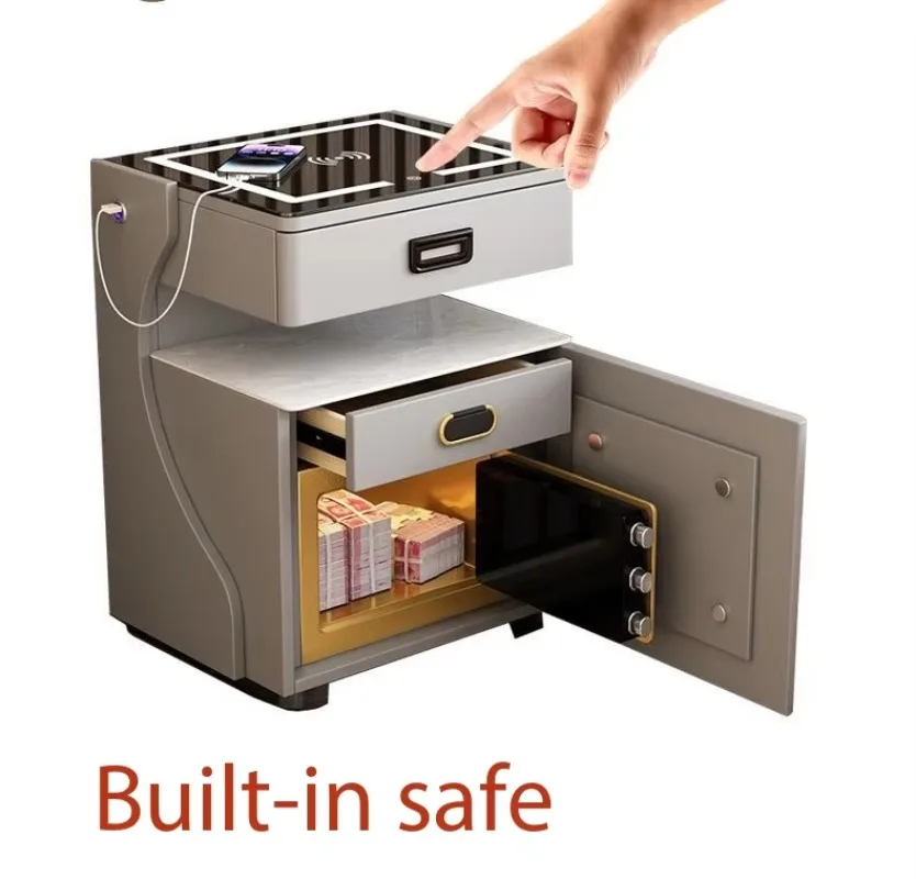 Smart bedside table with hidden safe, wireless charging
