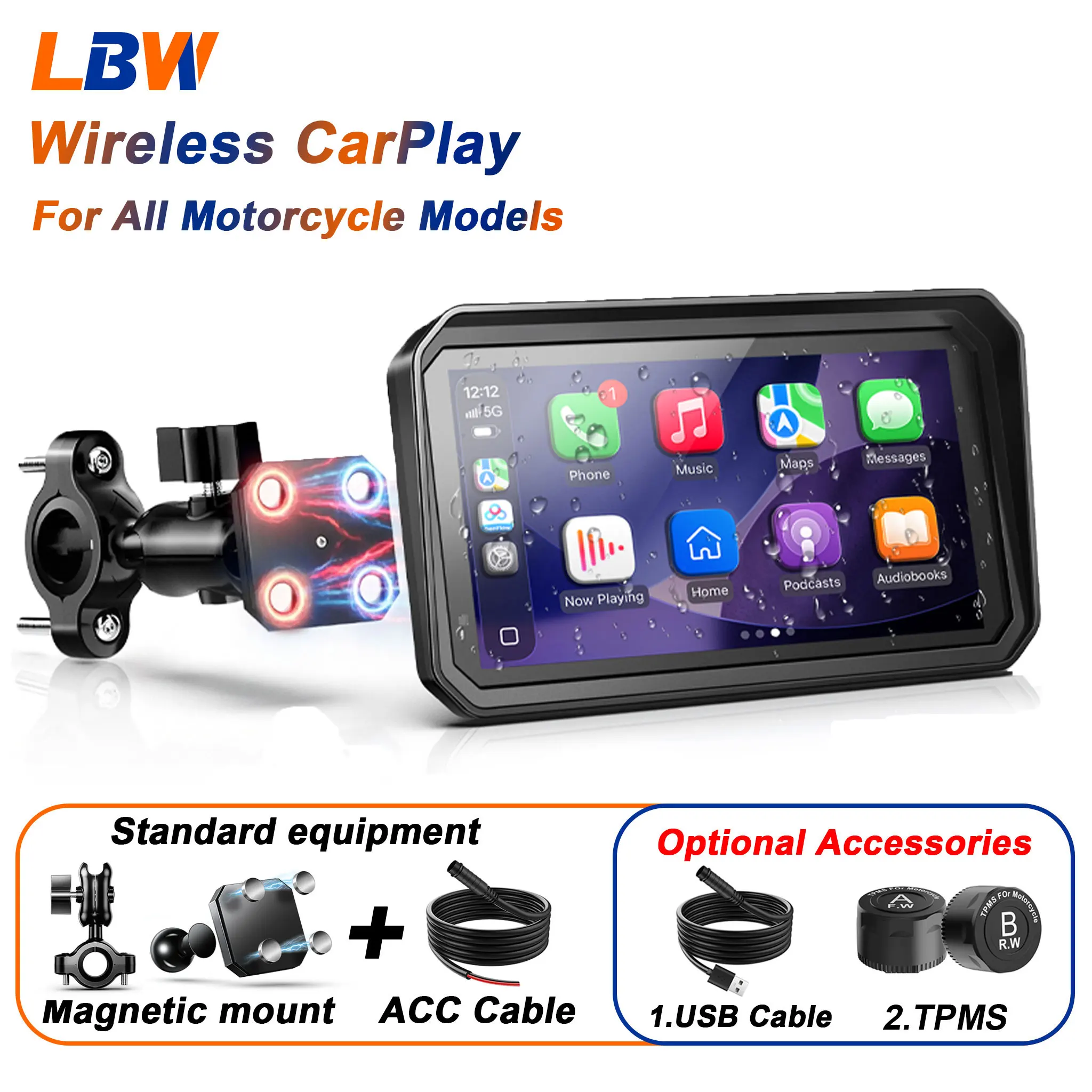 LBW 6-Zoll Wireless CarPlay Android Auto für Motorräder (Navigation) Optionales USB-Stromkabel/TPMS für alle Motorradmodelle