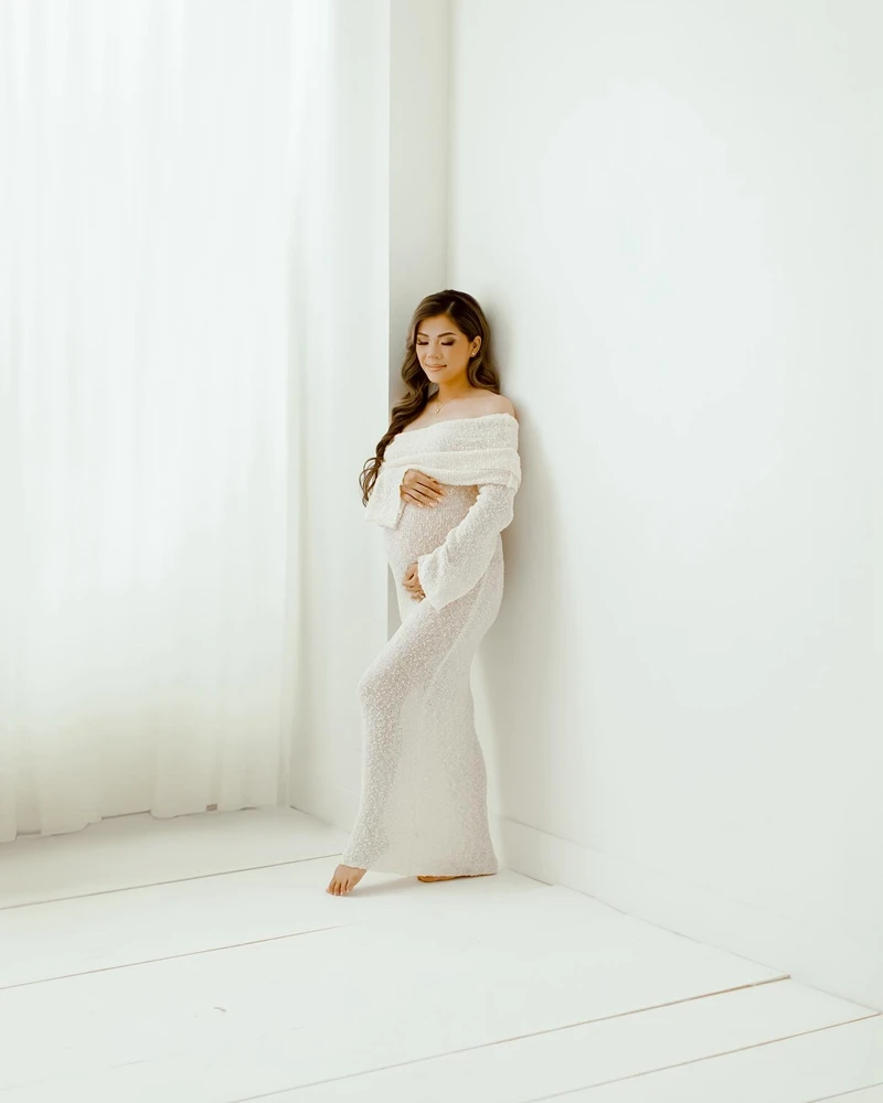 الأمومة التقطت الصور فستان طويل الأكمام متماسكة قبالة الكتف ماكسي ثوب الحمل صور فستان الحوامل التصوير استحمام الطفل