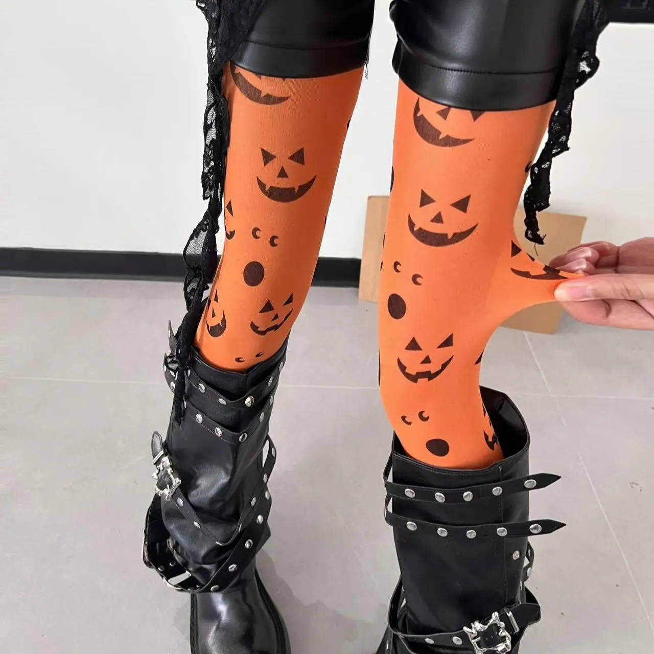 

Панк Sle оранжевый Хэллоуин тыква летучая мышь узор колготки женские уникальные персональные аксессуары для костюмов тонкий материал