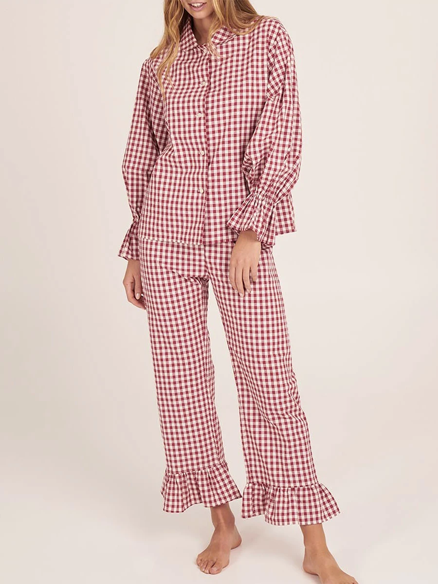 Fashion Women 2 Piece Plaid Pants Set Flare Long Sleeve Button Shirt Ruffle Hem Bell Gingham Pants Pj Lounge Set Sleepwear