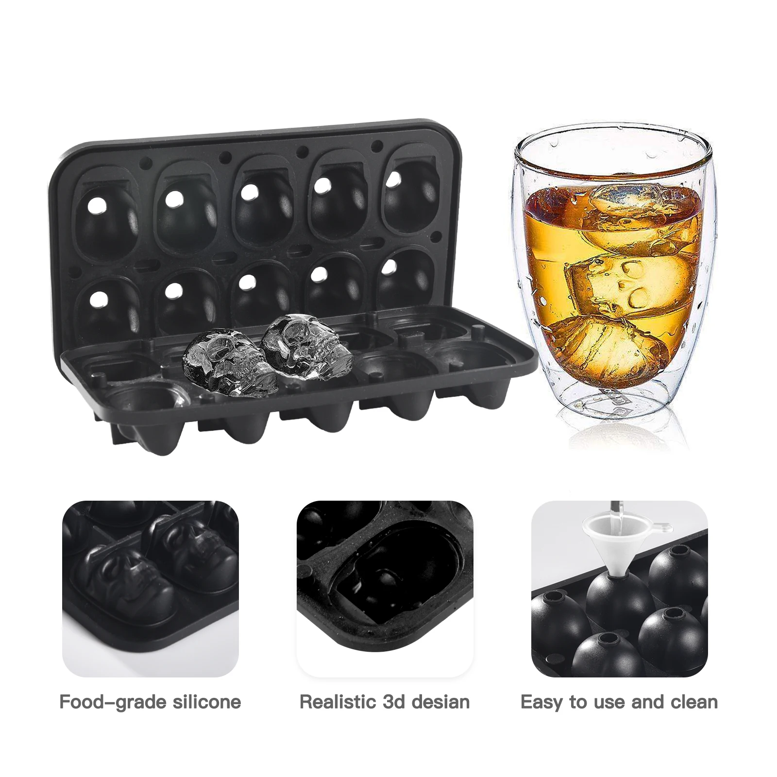 1pcs, 10 creative ice making molds with funneled human skulls and whiskey shaped food grade ice block molds