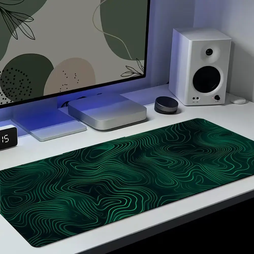 Abstract Green Wave Large Gaming Mouse Pad, Gradient Topographic Contour Art Desk Mat Non‑Slip Rubber Base Stitched Edge