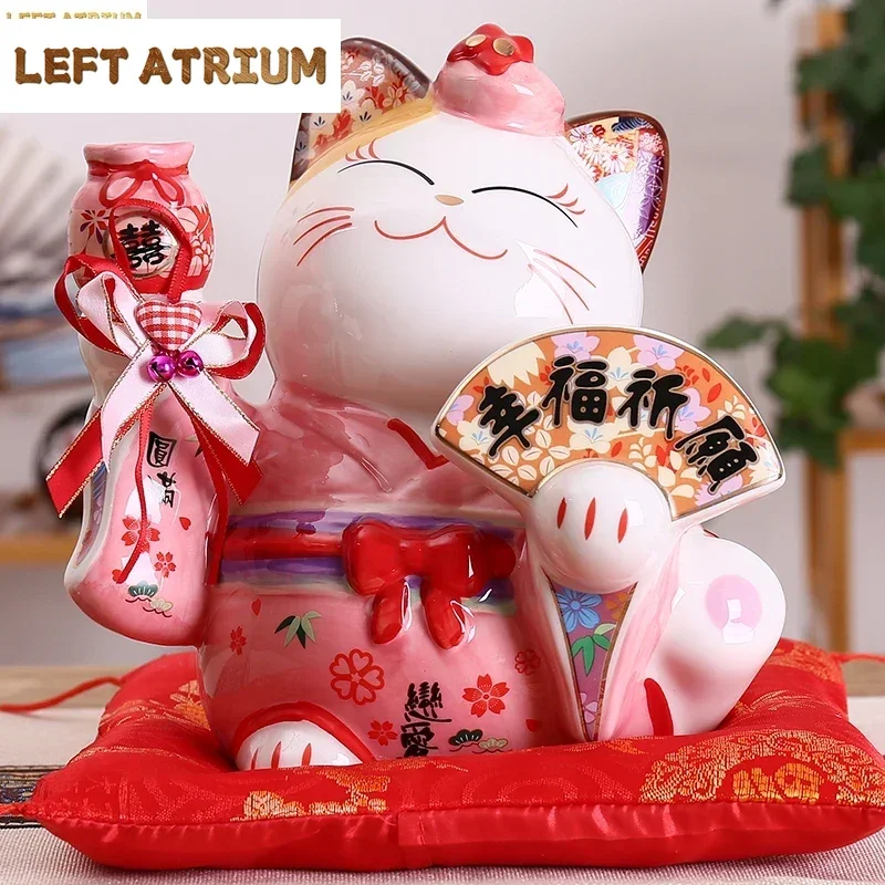 8 Inch Ceramic Maneki Neko Ornament Lucky Cat Money Box Japanese Couple Fortune Cat Feng Shui Wedding Gift Centerpiece