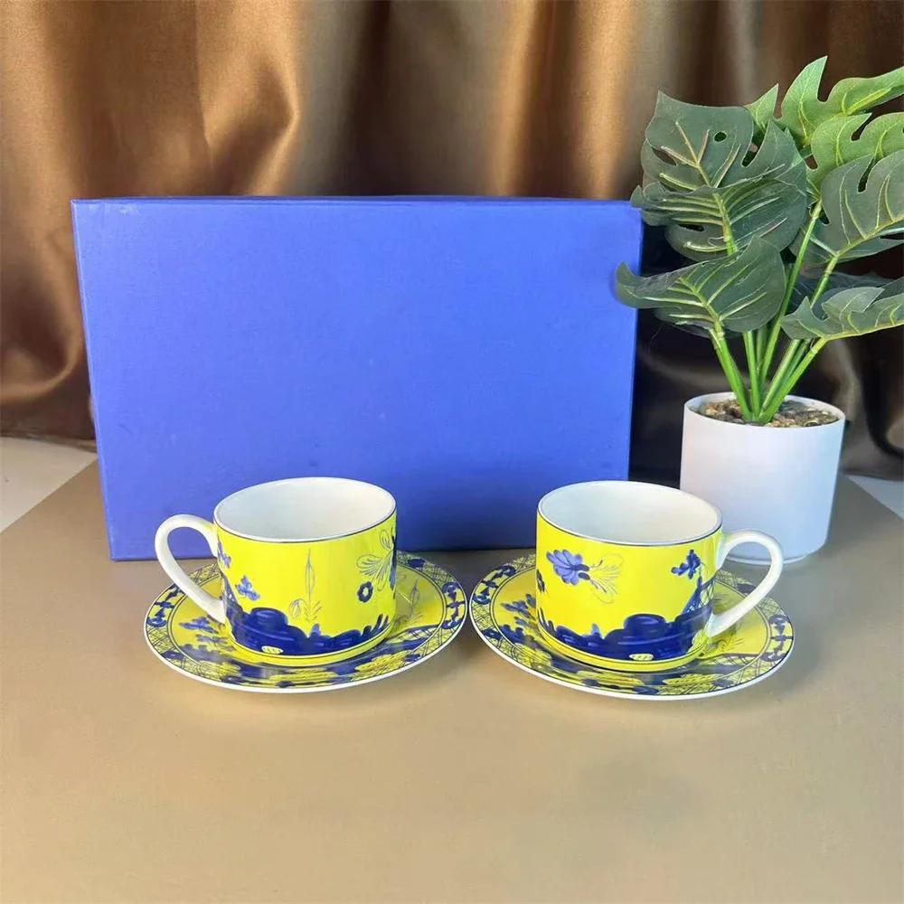 High-end Oriental Series Plate Coffee Cup And Saucer Mug Pink Purple Blue Printed Plate Cup And Saucer Suit Gift Box Tea Cup Set 5