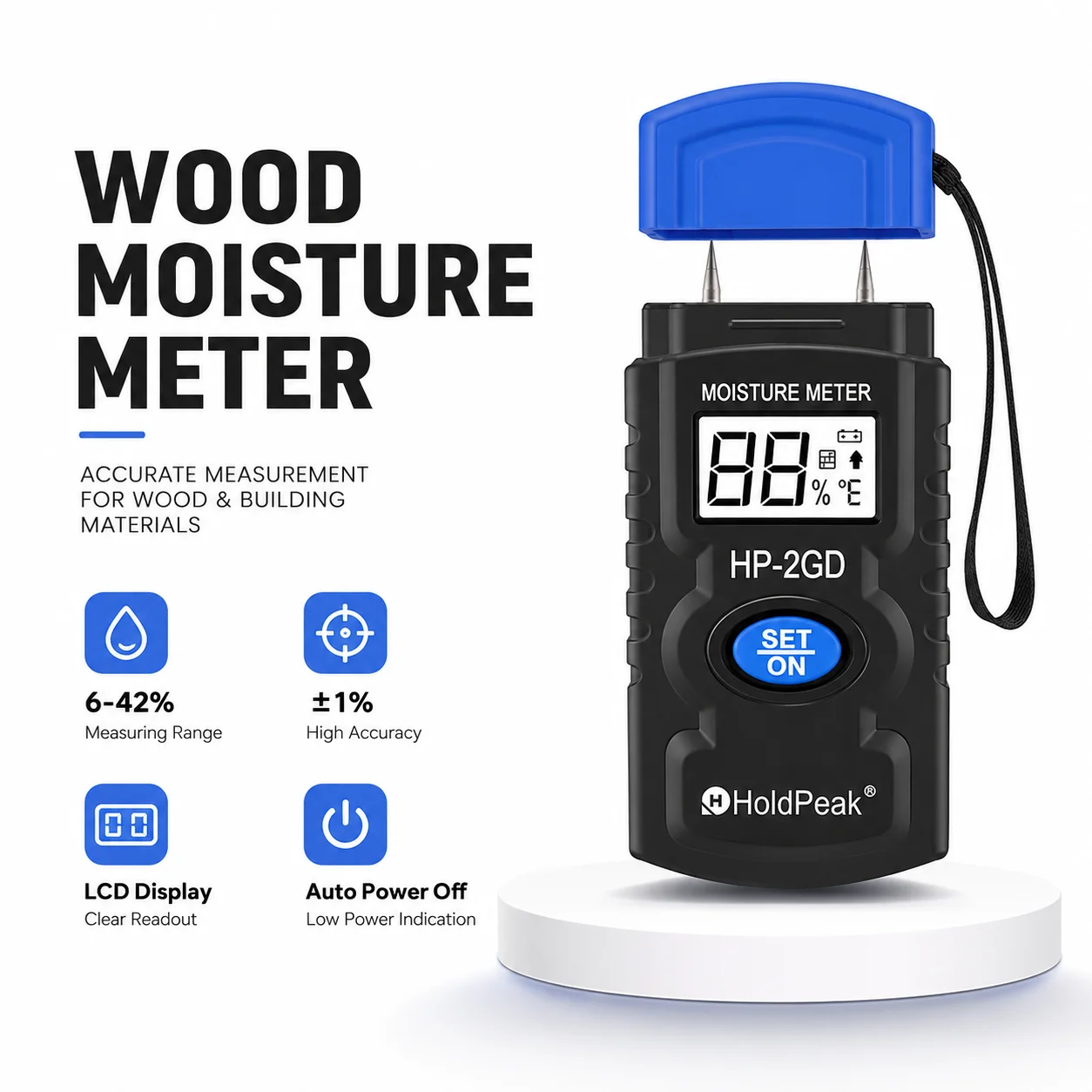 HoldPeak Pin-Type Moisture Meter 6-42% Wood 0.2-2.0% Material 0.1% Res ±0.1% Acc Backlit LCD Temp for Concrete Mortar Plaster