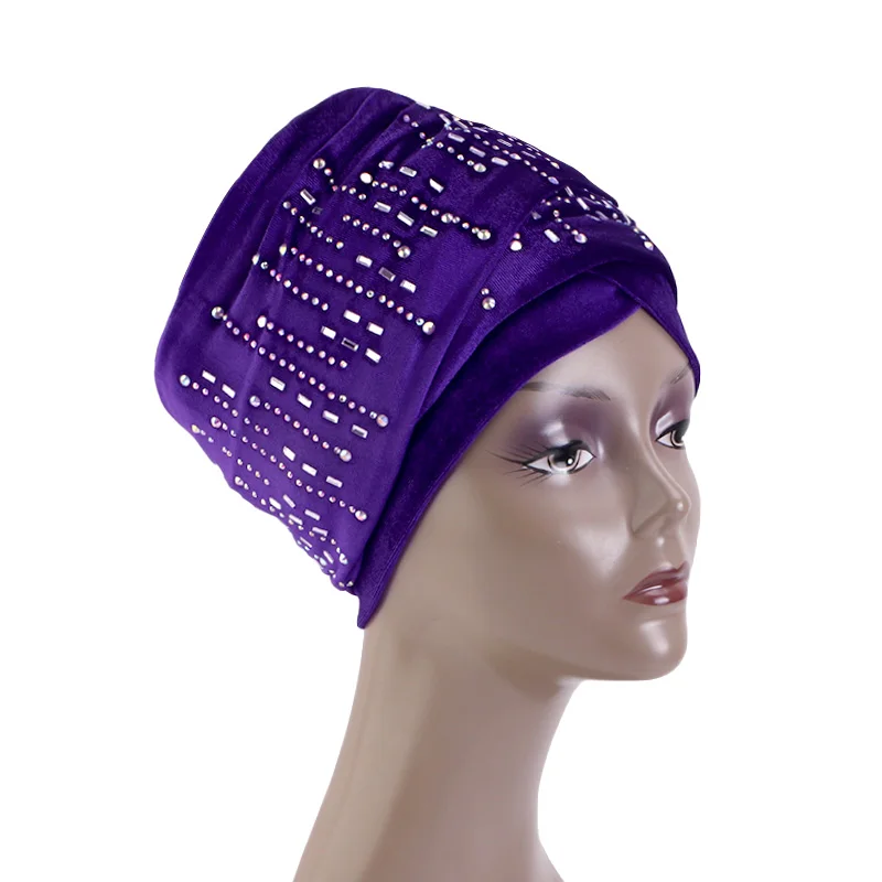 Women Rhinestone Velvet Long Turban Muslim Head Scarf Hat Islamic Under Scarf Bonnet Ladies African Wrap Head Scarves Bonnet