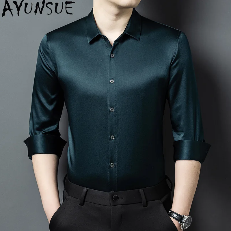 AYUNSUE High Quality 90.8% Real Mulberry Silk Shirts for Men Clothing Casual Long Sleeve Tops Mens Shirt Satin Black Shirt New