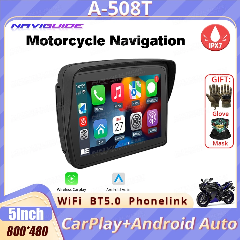 

NAVIGUIDE 508T 5 "carplay мотоциклетный IPX7 водонепроницаемый дисплей портативный мотоцикл беспроводной android автопилот экран Wi-Fi Двойной BT