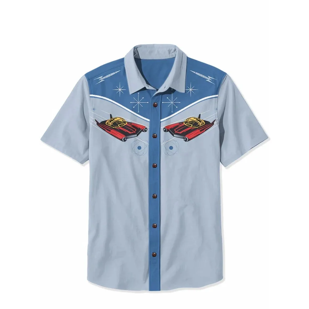 Camisas 100% de algodón con nave espacial atómica de los años 50, camisa hawaiana Retro de pesca para hombre, camisa con botones de manga corta de verano, Tops tropicales