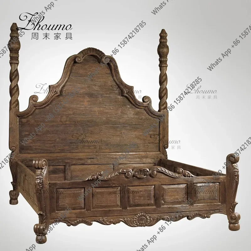 X32 French Retro Solid Wood Carving Flower Bed Antique Style Old Double Bed Oak Roman Column Villa Big Bed