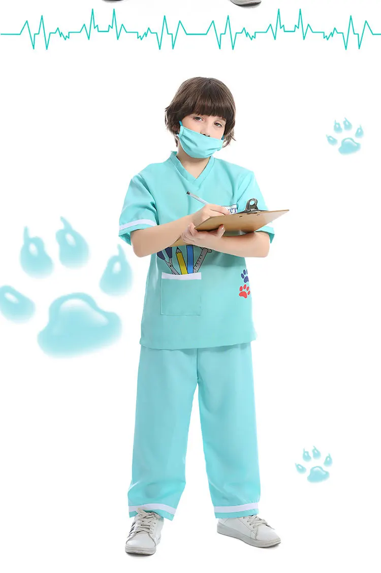 Boys Girls professional Doctor Cosplay veterinary Uniform Costume Halloween Kid with Accessories blue uniform 109